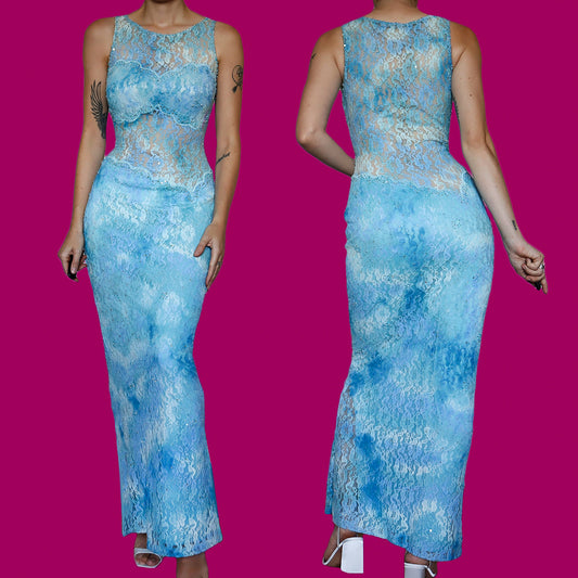 Bernshaw blue lace sheer stretch evening dress UK 10-12