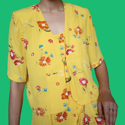 Stunning yellow floral 2 piece jacket/dress set UK 12