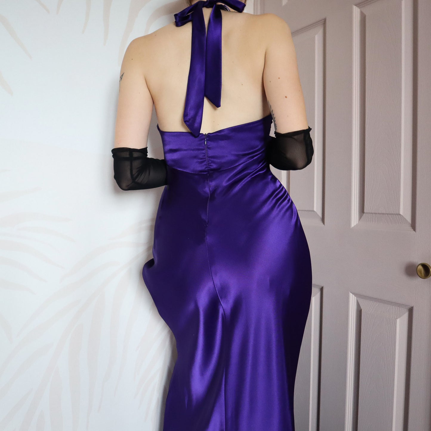 Purple satin halter neck evening gown UK 10