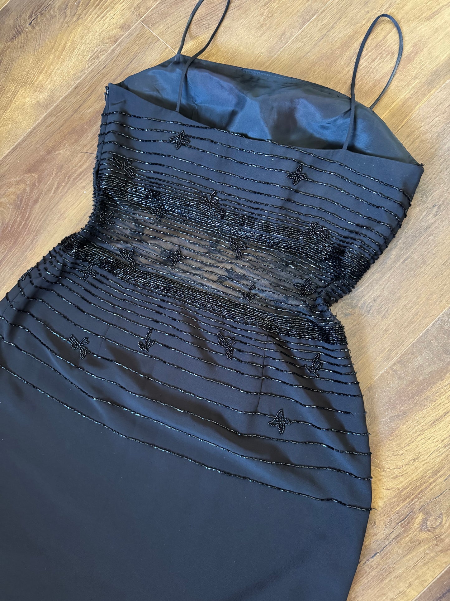 Chic black beaded evening dress uk 12