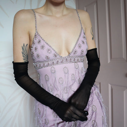 Lilac 100% silk fringe evening gown UK 10