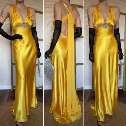 Niki Livas silky yellow evening prom dress UK 12