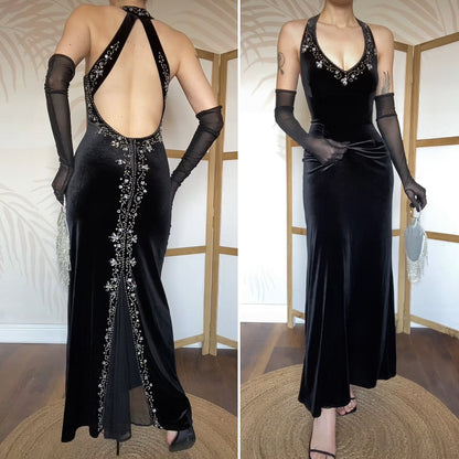 Flori Design black velvet beaded evening dress UK 14
