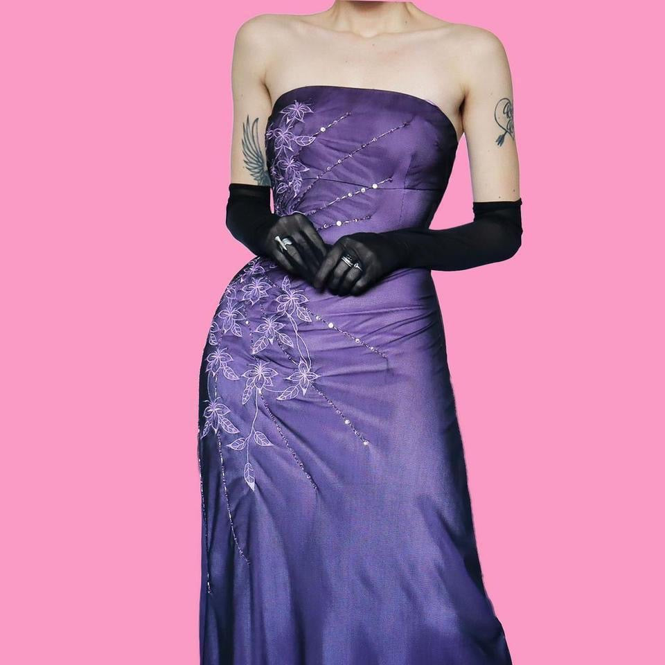 Purple stretchy strapless body con evening dress UK 10 & 12