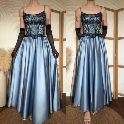 Christine Elizabeth blue & black a-line evening dress uk 10-12