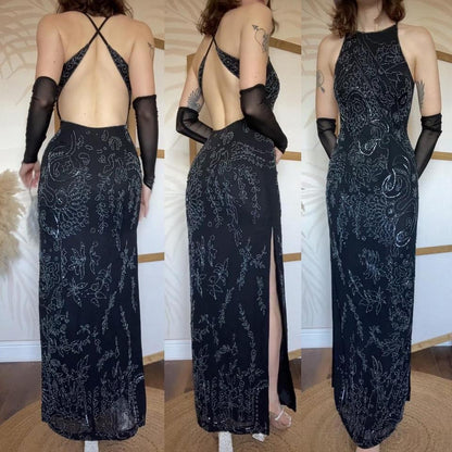 Black beaded open back evening dress uk 8-10
