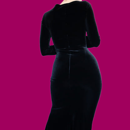 Black stretch velvet long sleeve evening dress UK 18