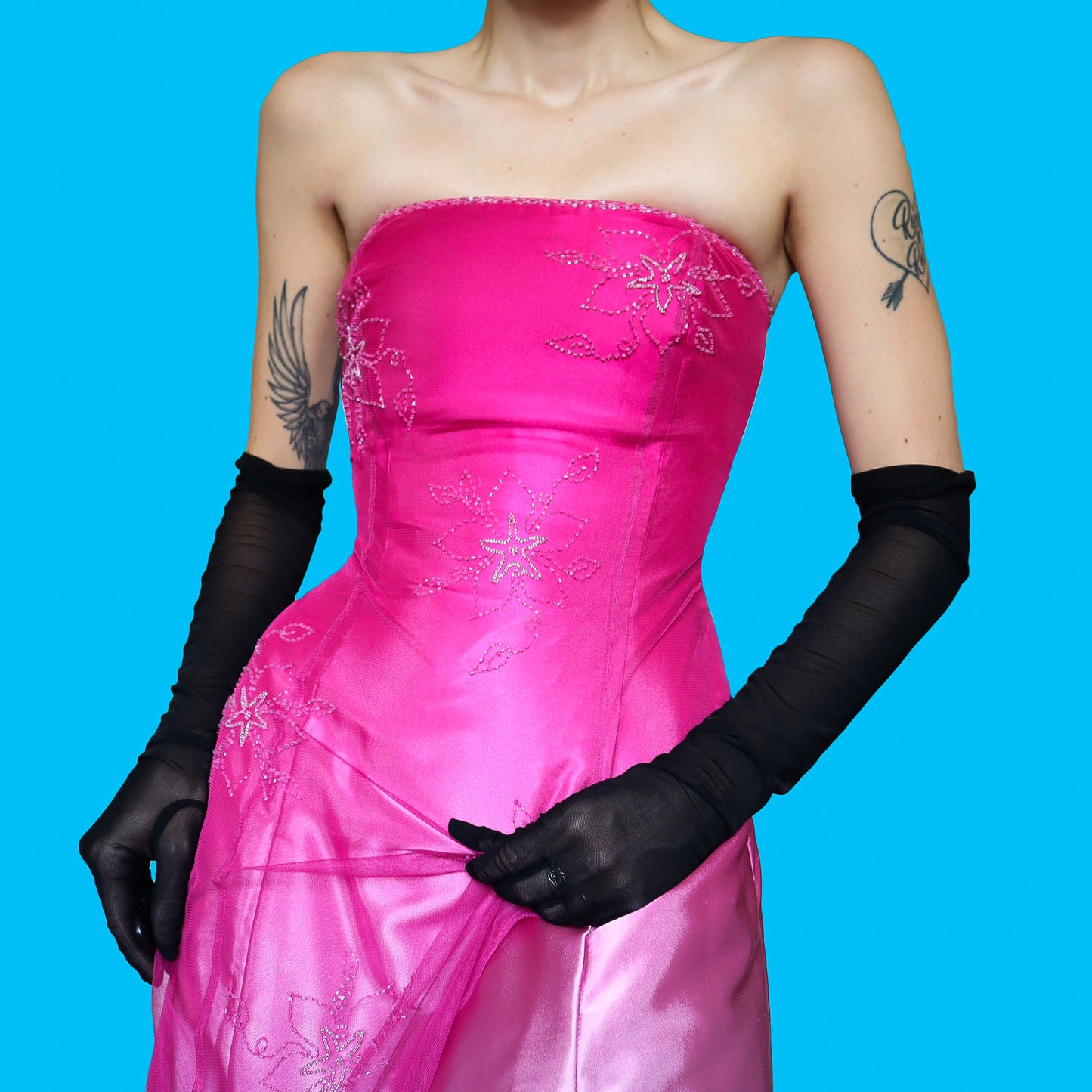Pink satin ombré beaded strapless dress UK 12