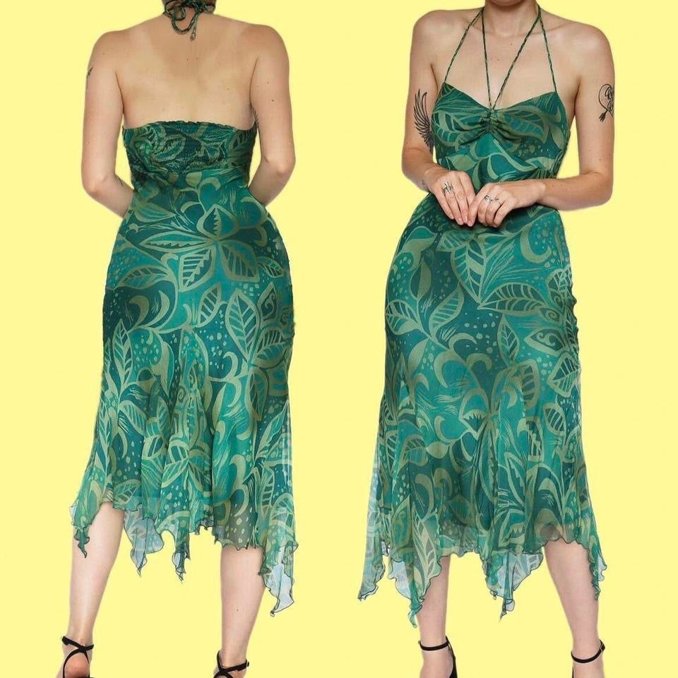 Principles green 100% silk print halter neck summer dress UK 12