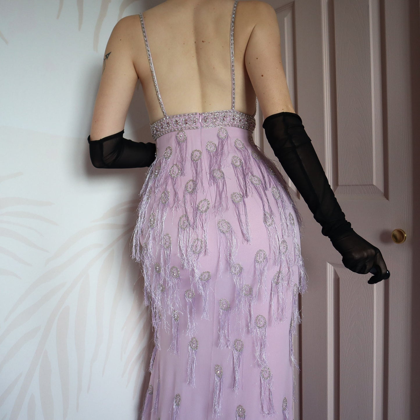 Lilac 100% silk fringe evening gown UK 10