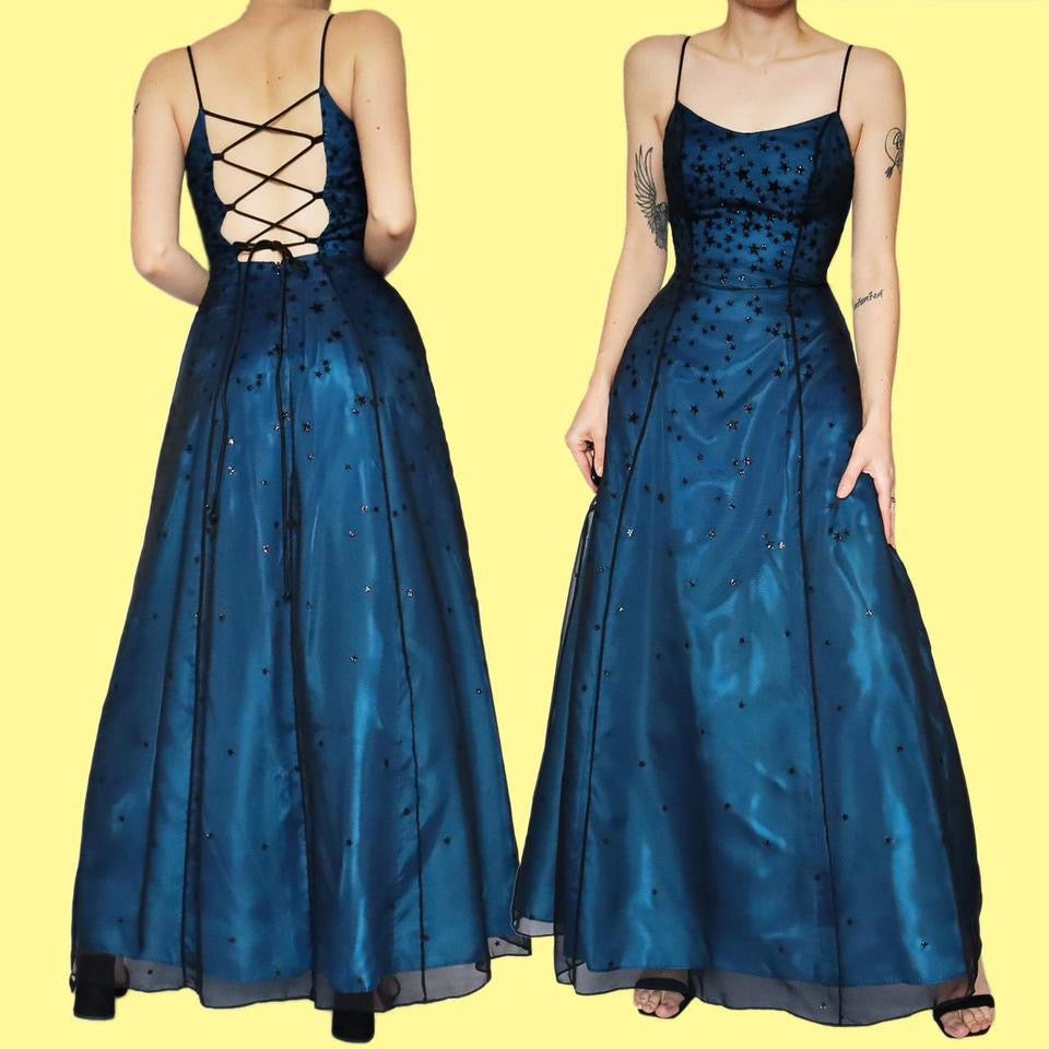 Glittery blue star print a-line prom dress UK 8
