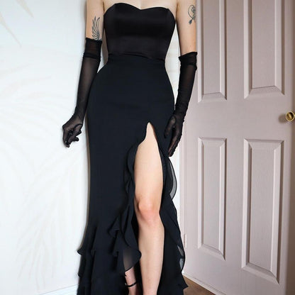 Long black leg slit flared maxi skirt uk 12-14