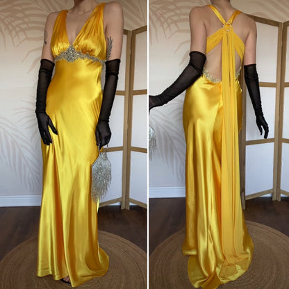 Niki Livas silky yellow evening prom dress UK 12