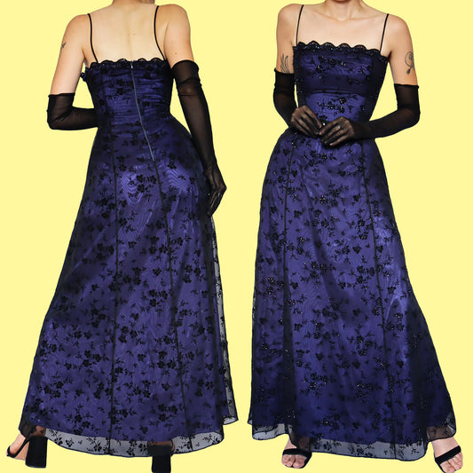 Purple glittery floral beaded evening prom dress UK 14