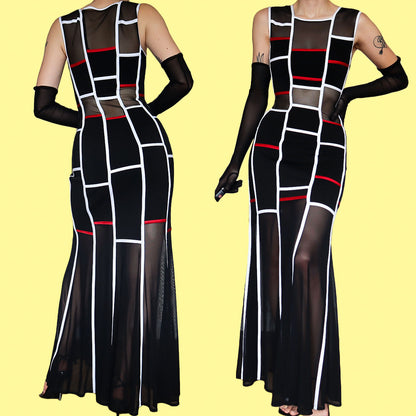 Tadashi black/white & red sheer panel dress UK 12