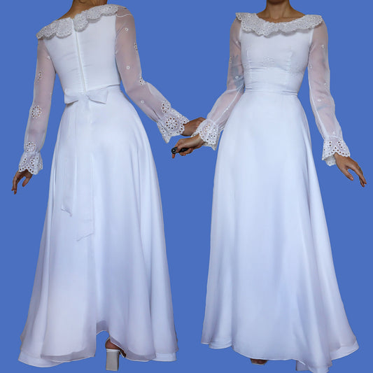 White broderie anglaise long sleeve wedding dress UK 8-10