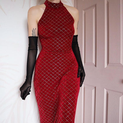 Red stretch high neck glittery evening dress UK 10