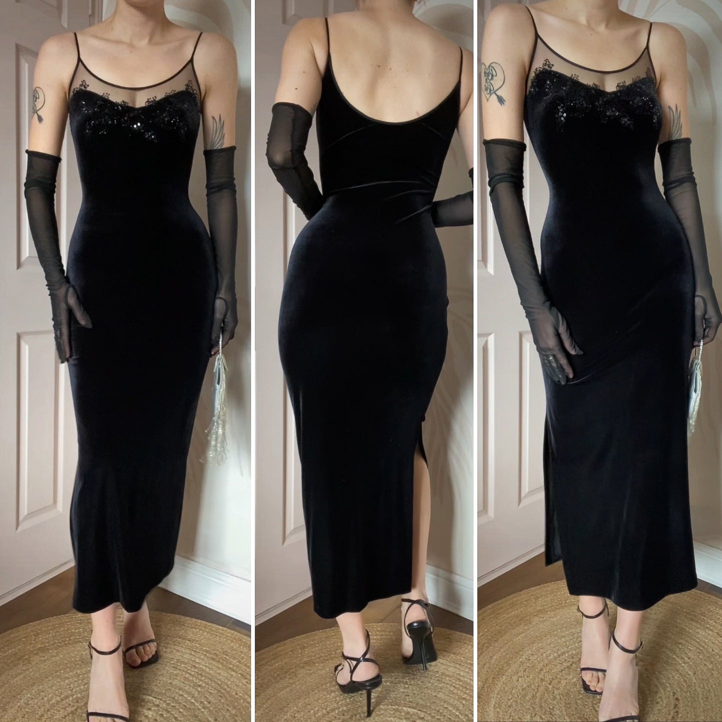 Black velvet petite evening dress UK 14