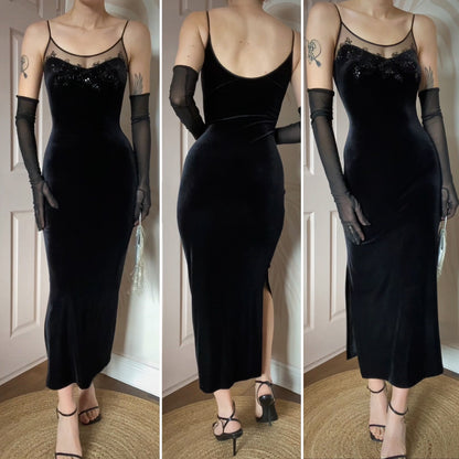 Black velvet petite evening dress UK 14
