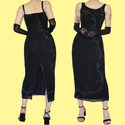 Black vintage Debut beaded midi dress UK 12