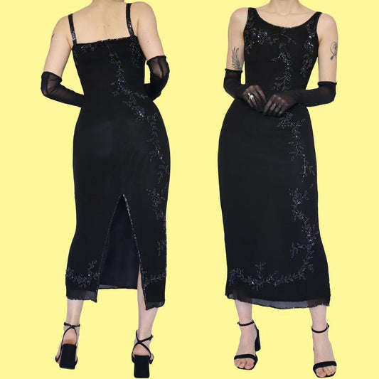 Black vintage Debut beaded midi dress UK 12