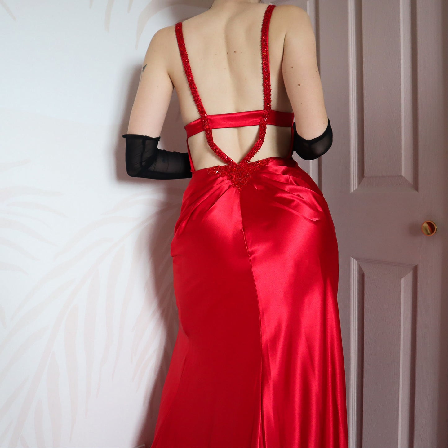 Dave & Johnny red satin open back evening gown UK 10