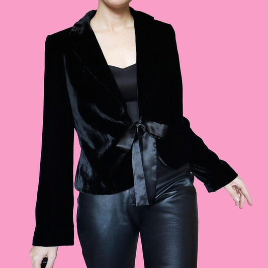 Black velvet evening jacket with bow UK 14