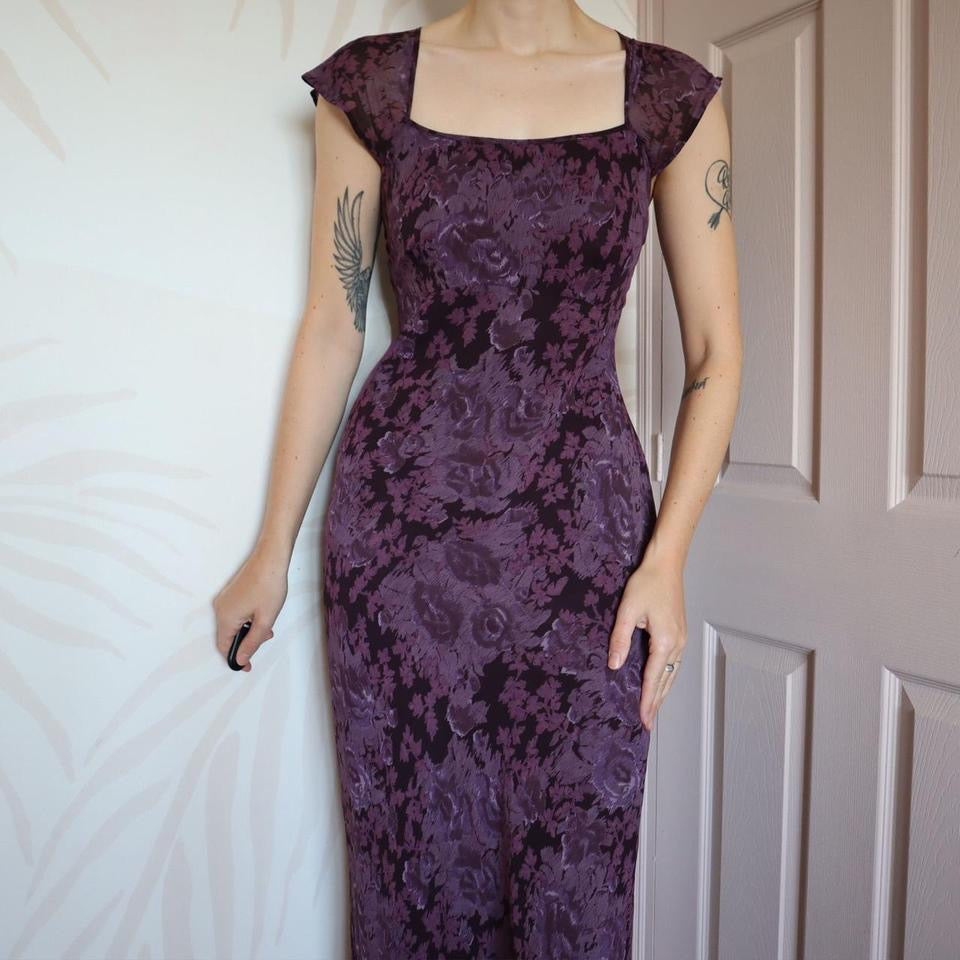 Laura Ashley purple floral short sleeve dress UK 12