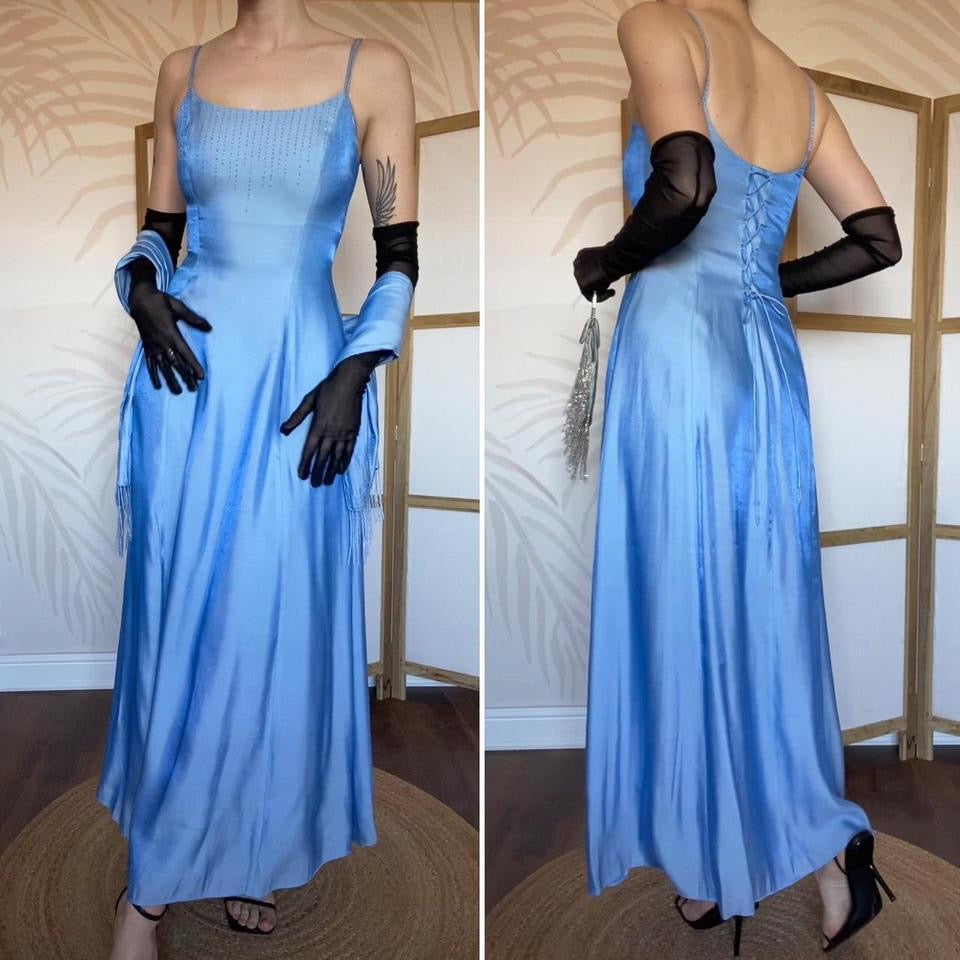 Debut ice blue a-line beaded dress & shawl UK 10