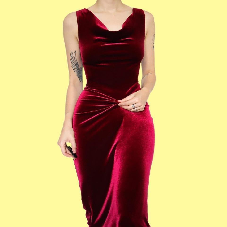 Red velvet stretch evening dress UK 12