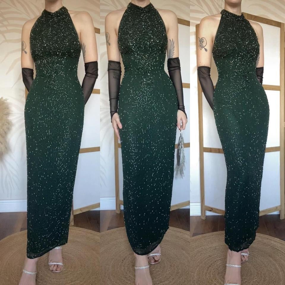 Forest green 100% silk high neck beaded dress uk 10