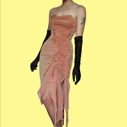 Peach Charas Strapless Lace Up Midi Dress UK 12