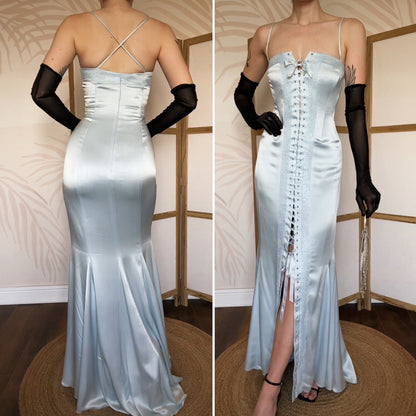 Ice blue beaded lace up evening dress uk 12