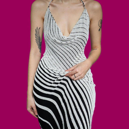 Yve London 100% silk black/white beaded evening dress UK 12