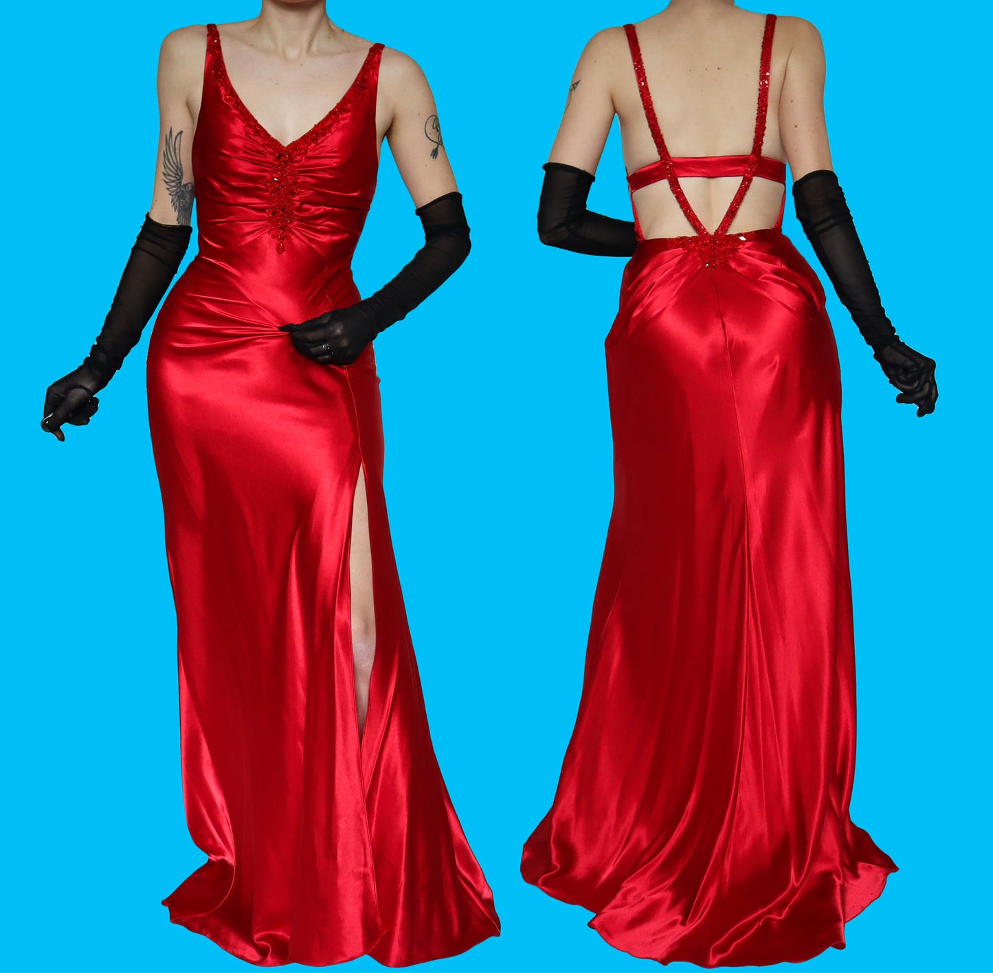 Dave & Johnny red satin open back evening gown UK 10