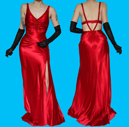 Dave & Johnny red satin open back evening gown UK 10