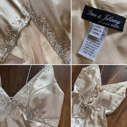 Dave & Johnny gold beaded evening dress UK 12