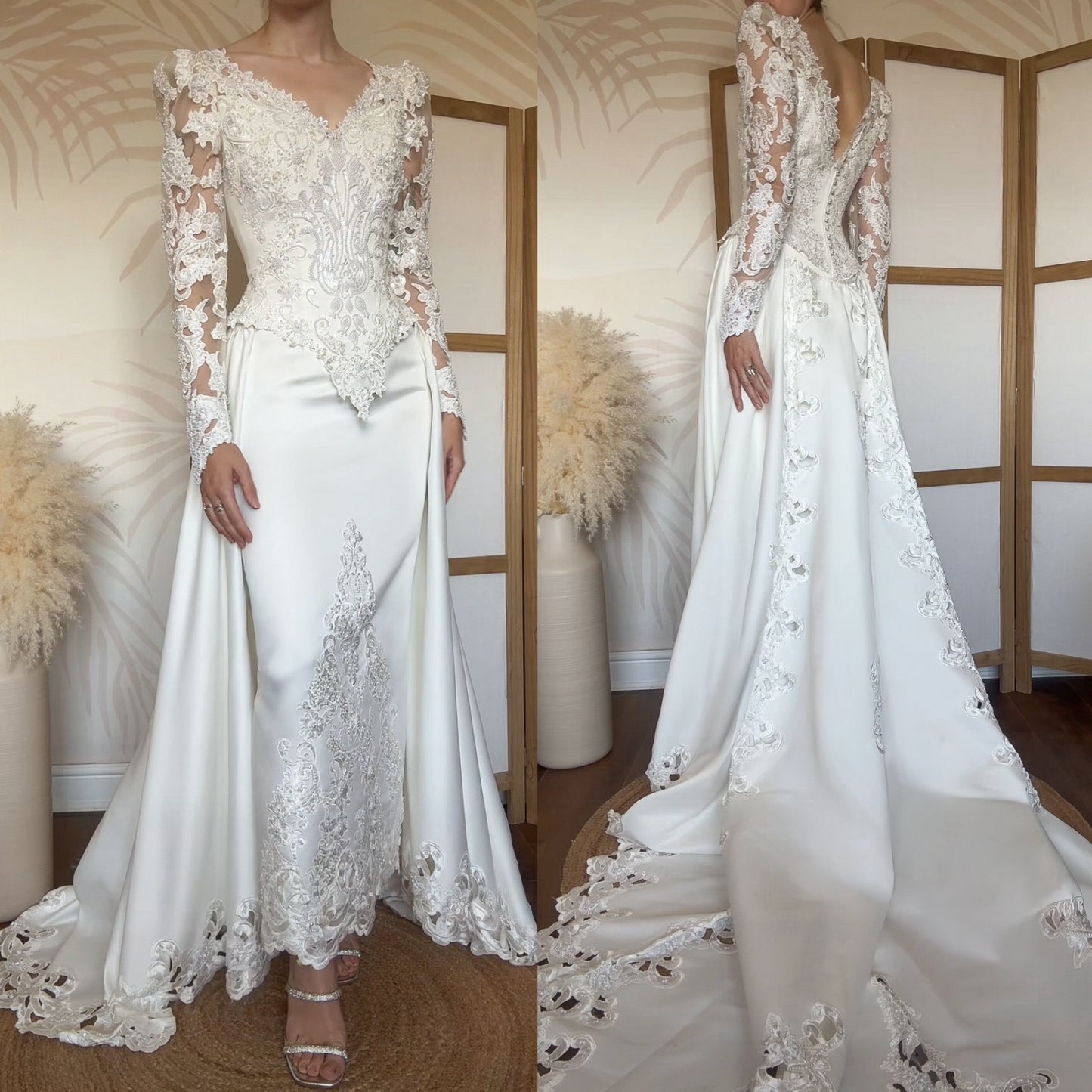 Long sleeve ivory lace wedding dress with detachable train uk 8-10