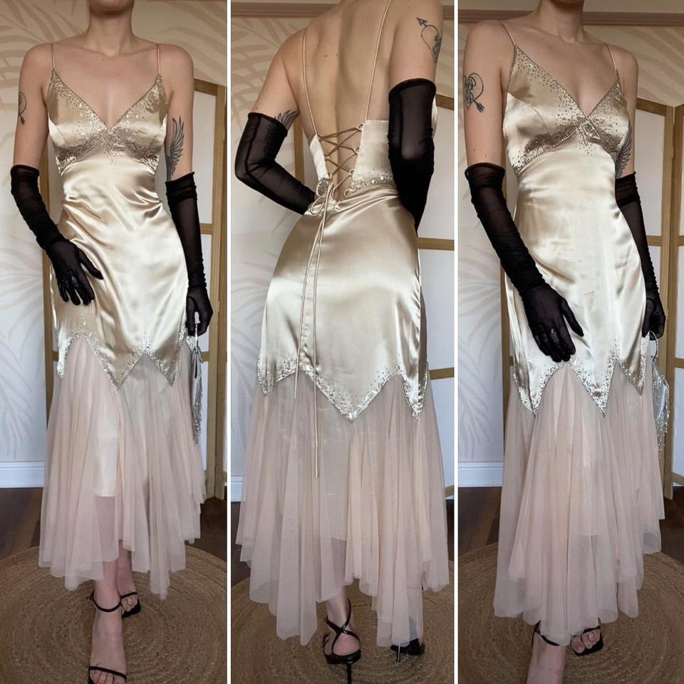 Dave & Johnny gold beaded evening dress UK 12