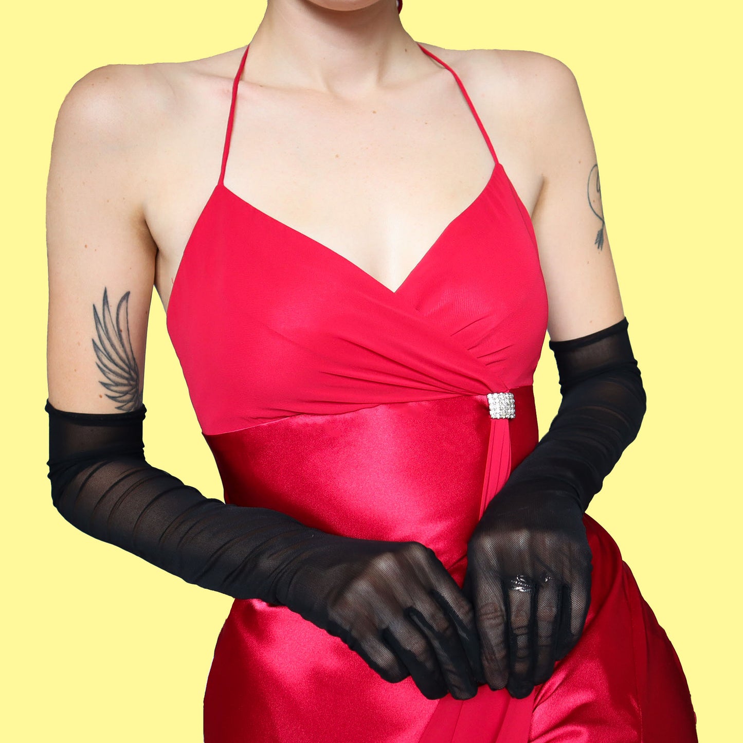 Red satin halter neck evening dress UK 12