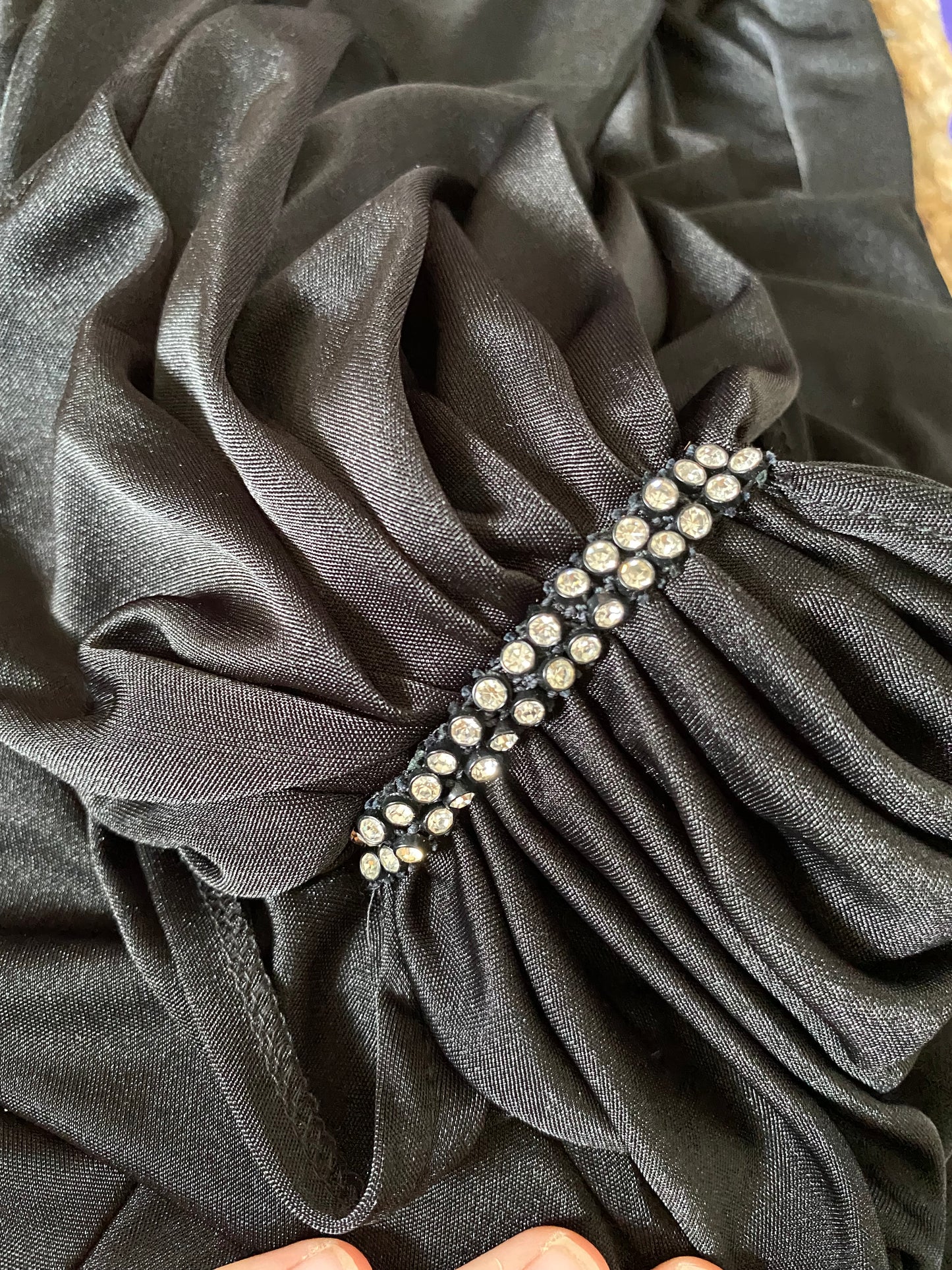 Black 80s stretch draped evening dress UK 14