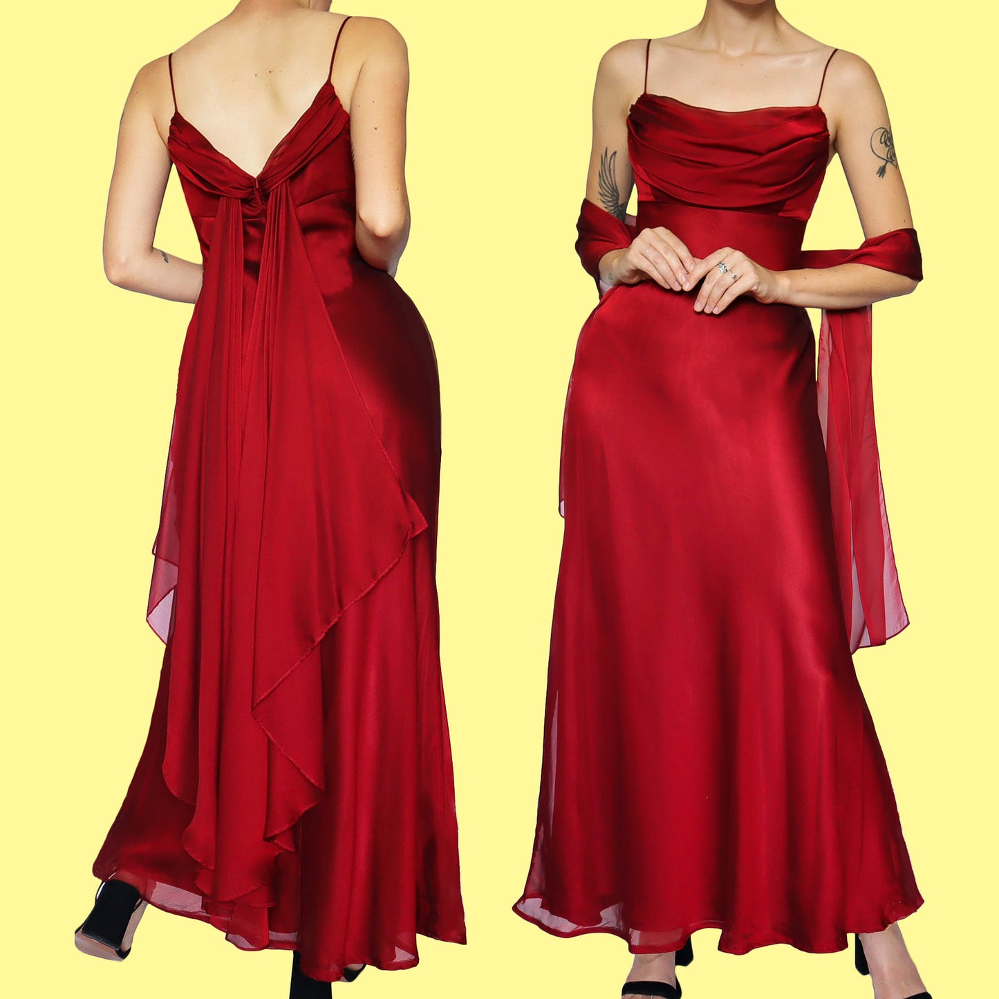 Red chiffon evening dress & shawl UK 12