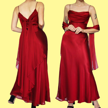 Red chiffon evening dress & shawl UK 12