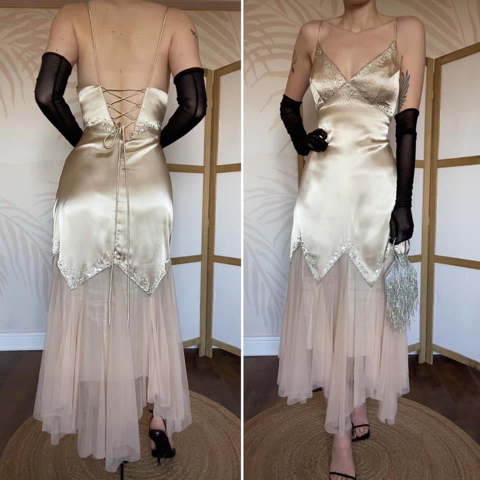 Dave & Johnny gold beaded evening dress UK 12