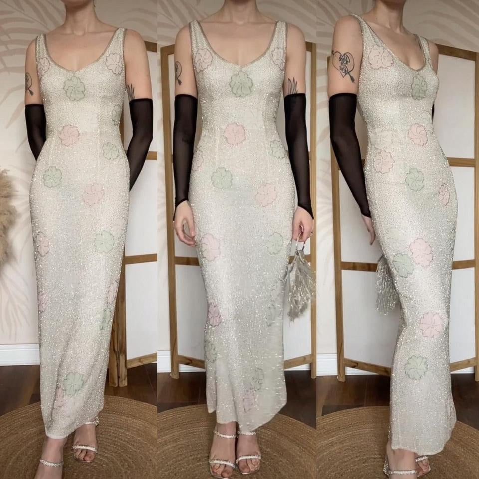 Off white beaded silk floral evening dress UK 10