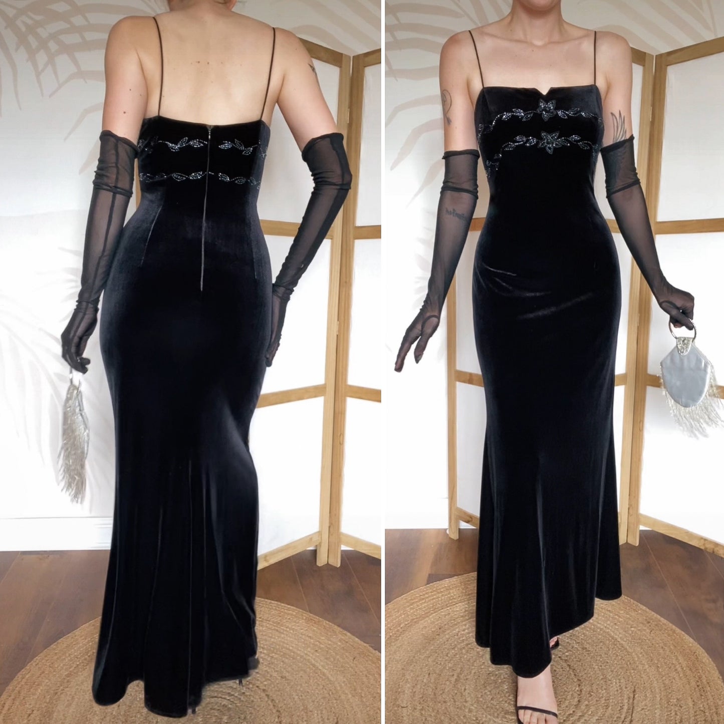 Black velvet Dave & Johnny stretch evening dress uk 12