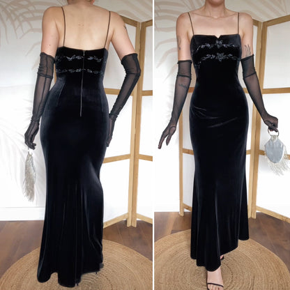 Black velvet Dave & Johnny stretch evening dress uk 12