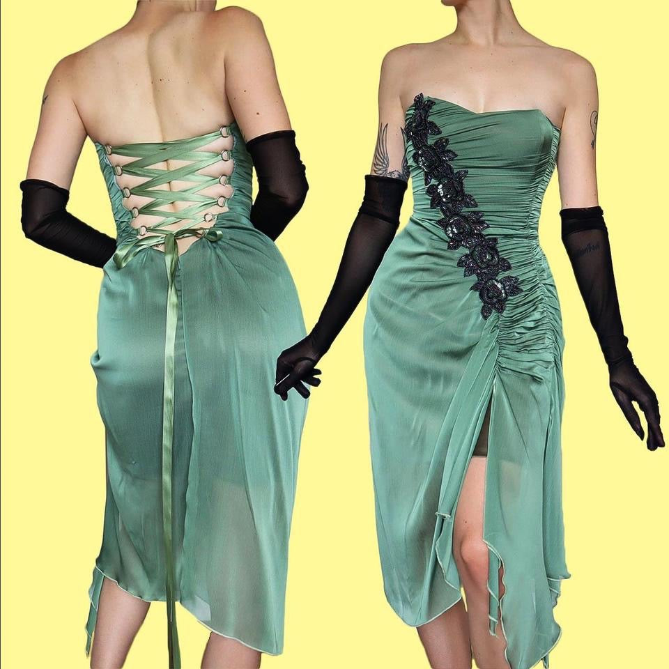 Green Charas Strapless Lace Up Midi Dress UK 10