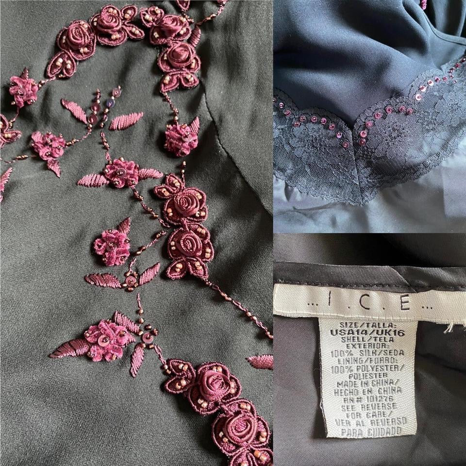 Black 100% silk floral detail midi dress UK 16