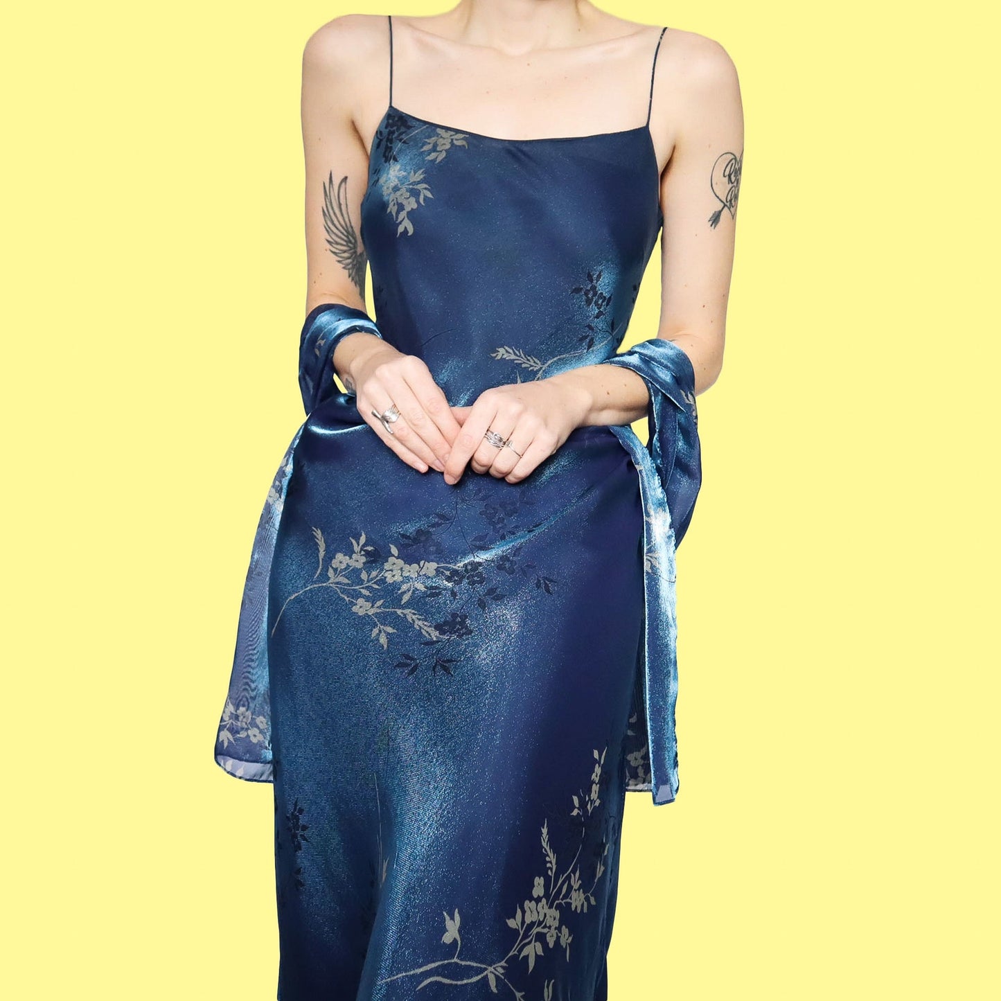 Silky blue floral slip dress & shawl UK 8